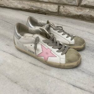 Golden Goose White Leather Sneakers with Pink Star and Silver Heel